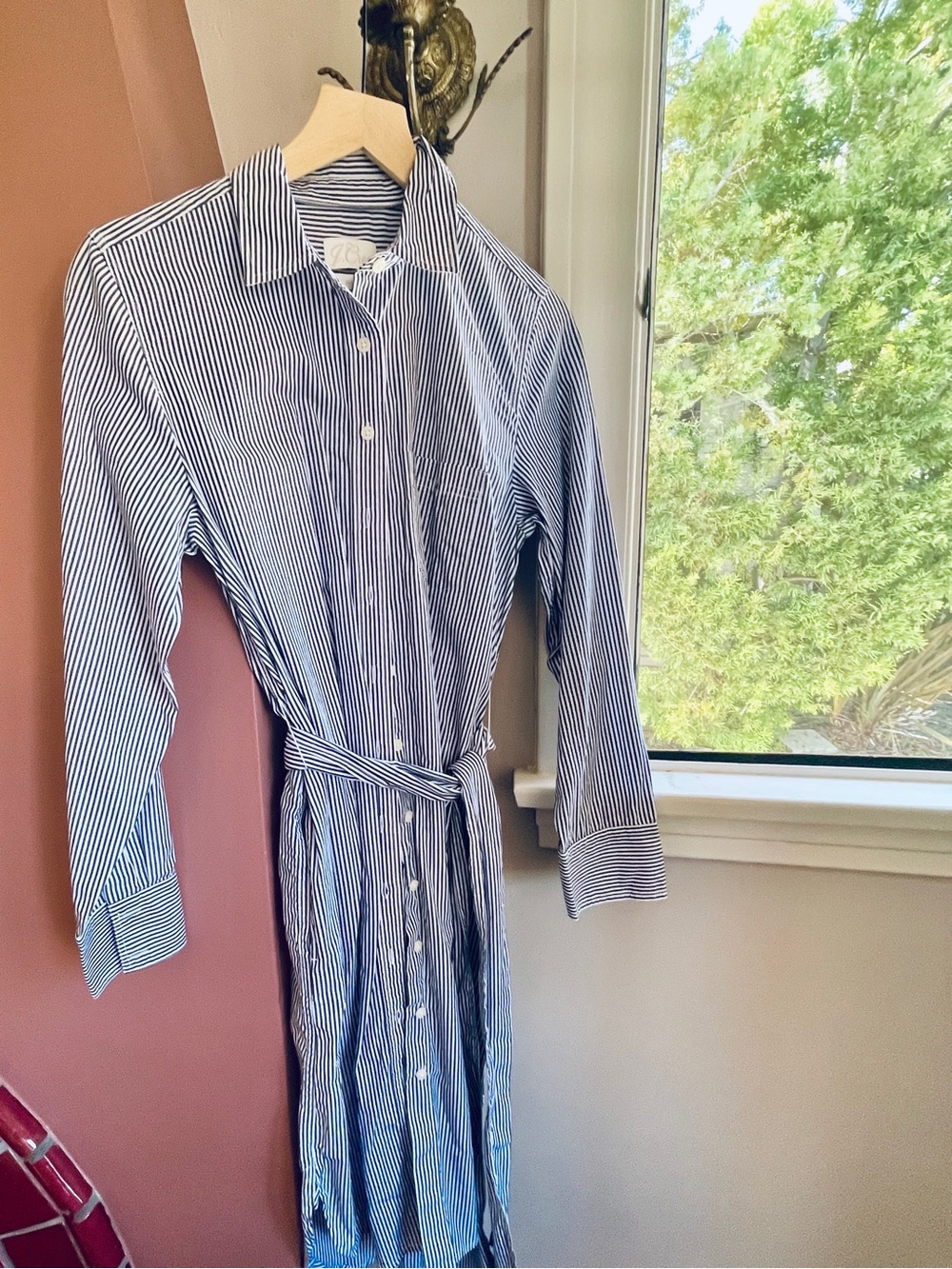 J. Crew Navy and White Striped Button-Down Shirt Dress with Waist Tie, pockets